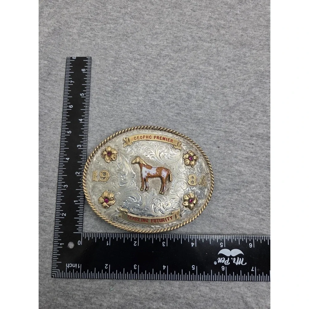 Vintage 1984 Carlos Silver Yearling Futurity Equestrian Horse Belt Buckle Large